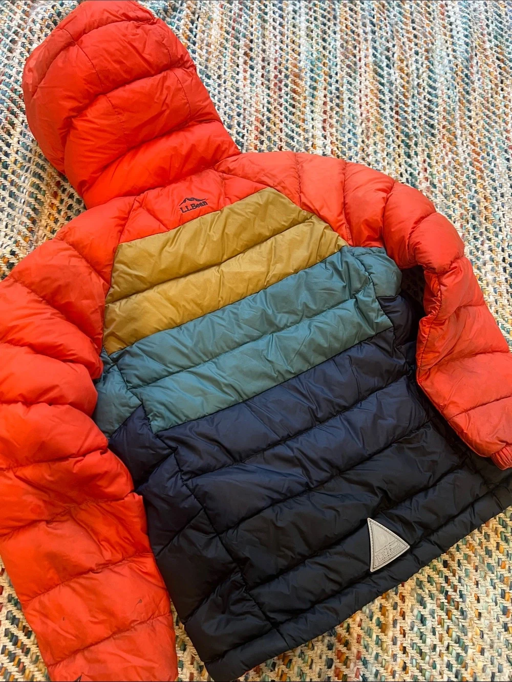 L.L. Bean Kids' Colorblock Hooded Down Puffer Jacket - Red, Tan, Teal, Navy